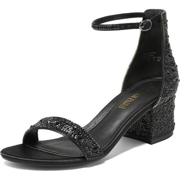 Dream Pairs Women's Black/Rhinestone Chunky Block Heel Ankle Strap Sandals Shoes - Picture 1 of 7